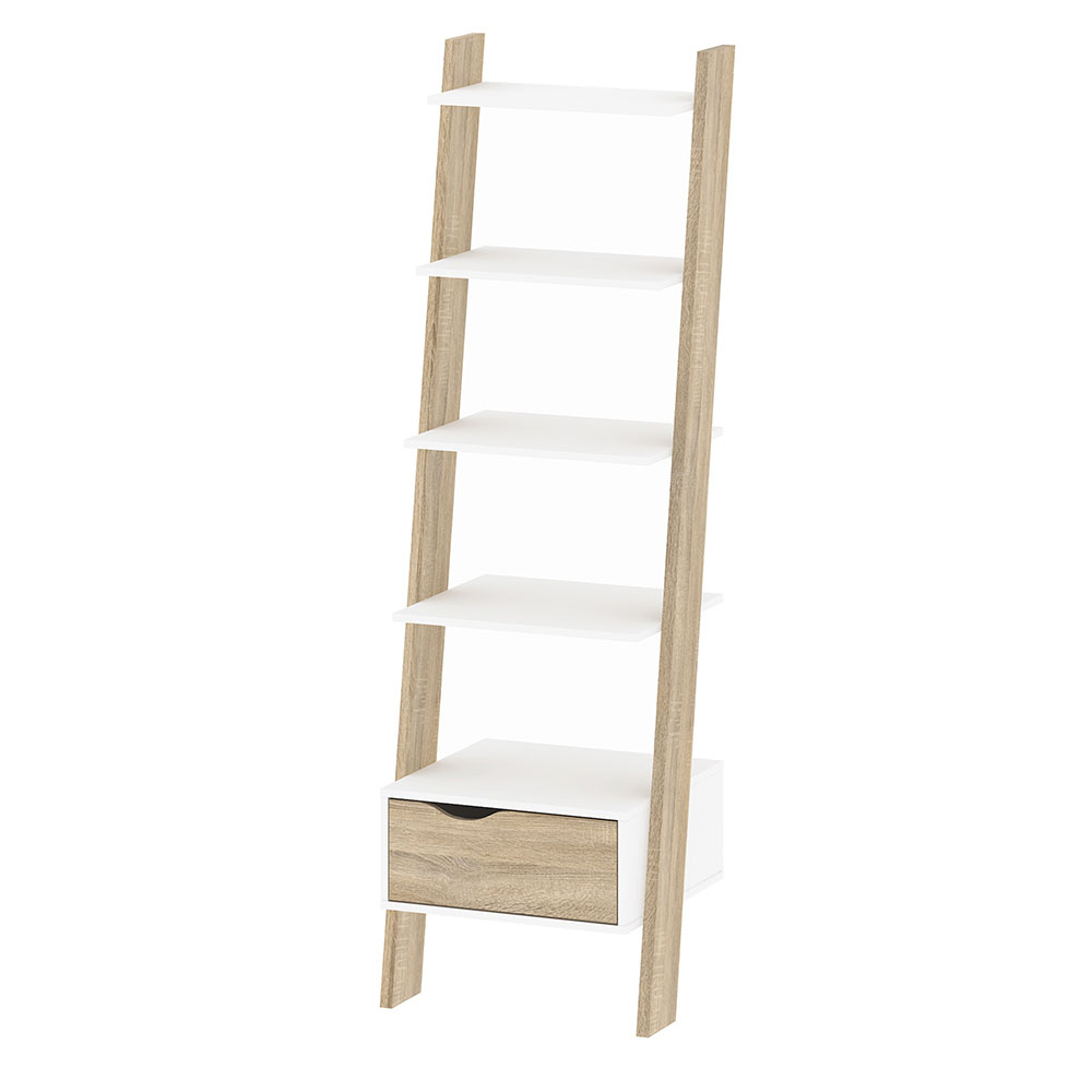 Oslo Leaning Bookcase 1 Drawer White and Oak